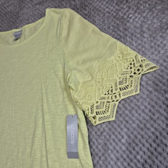 Chico's Cotton Modal Top Womens 2 US Large Slub Lace Hem Tee Lime Knit Casual - Picture 5 of 7